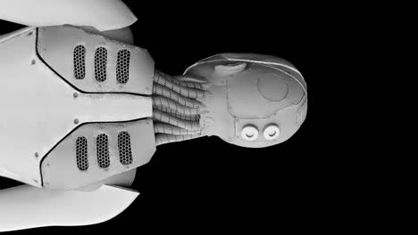 el prototipo humanoide vertical, el robot, la inteligencia artificial conectada al cerebro, la vista trasera, el fondo negro, la animación en 3d.