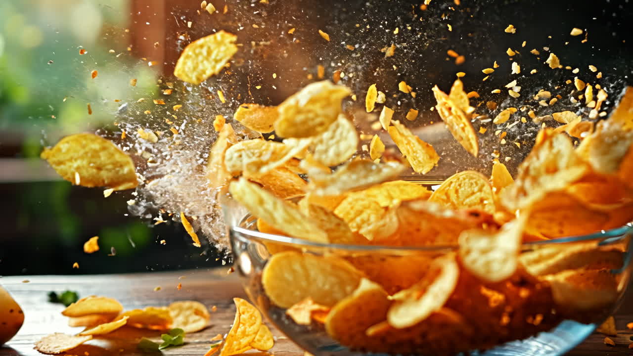 A bowl of potato chips is scattered on a table. The chips are flying out of the bowl, creating a mess