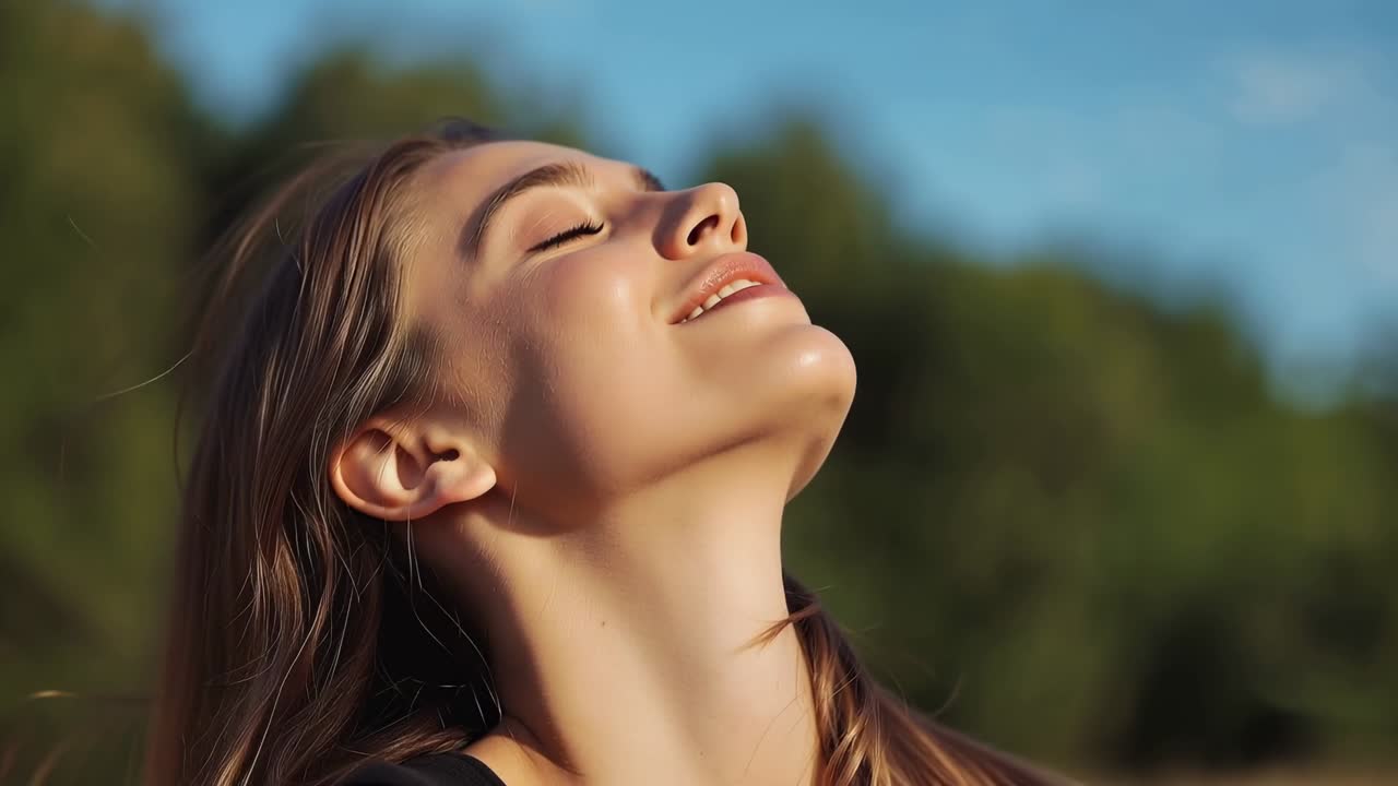 Inclinando la testa all'indietro, una donna respira chiudendo gli occhi mentre la luce del sole le colpisce il viso tra gli alberi, con il top scuro e i capelli in movimento.