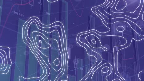 animación de la topografía sobre el procesamiento de datos estadísticos y red de iconos de perfil.