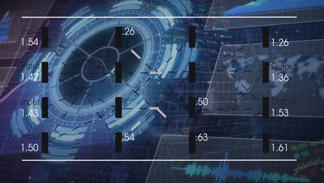 Animation-of-processing-circle,-graphs-and-financial-data-on-digital-screen