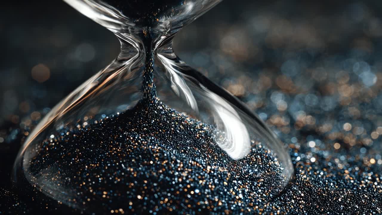 An Elegant Glass Hourglass Capturing the Flow of Time with Glittering Sand, Highlighting the Beauty and Transience of Each Moment in Stunning Detail