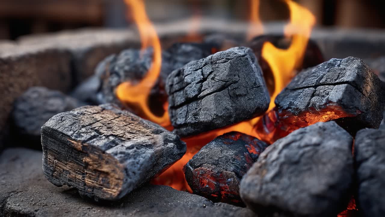 Fiamme Affascinanti e Braci Ardenti: Uno Sguardo Ravvicinato al Carbone Che Brucia in un Focolare, Mettendo in Mostra la Bellezza del Fuoco e la Danza del Calore