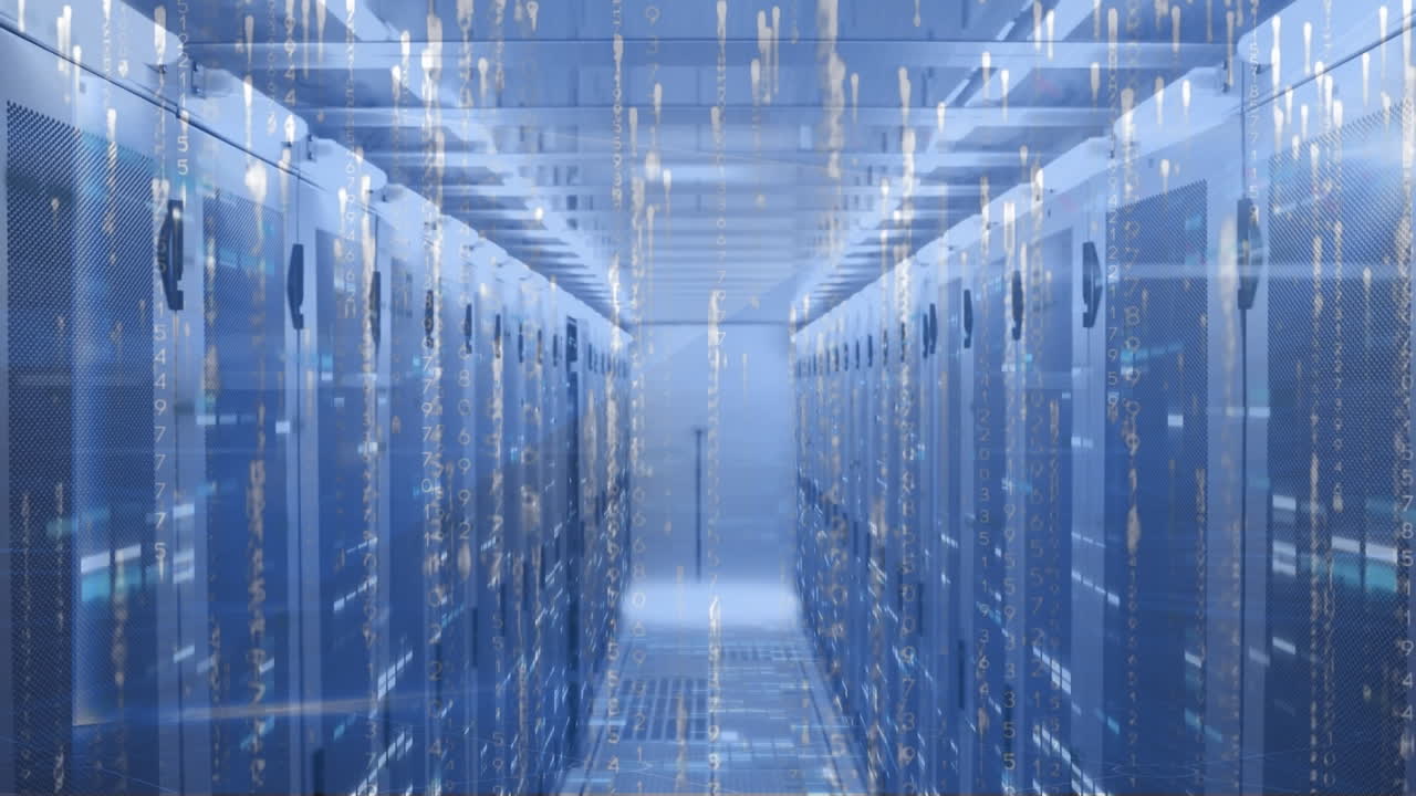 컴퓨터 서버 에 대한 라이트 트레일, 바이너리 코딩 및 모자이크 사각형의 애니메이션