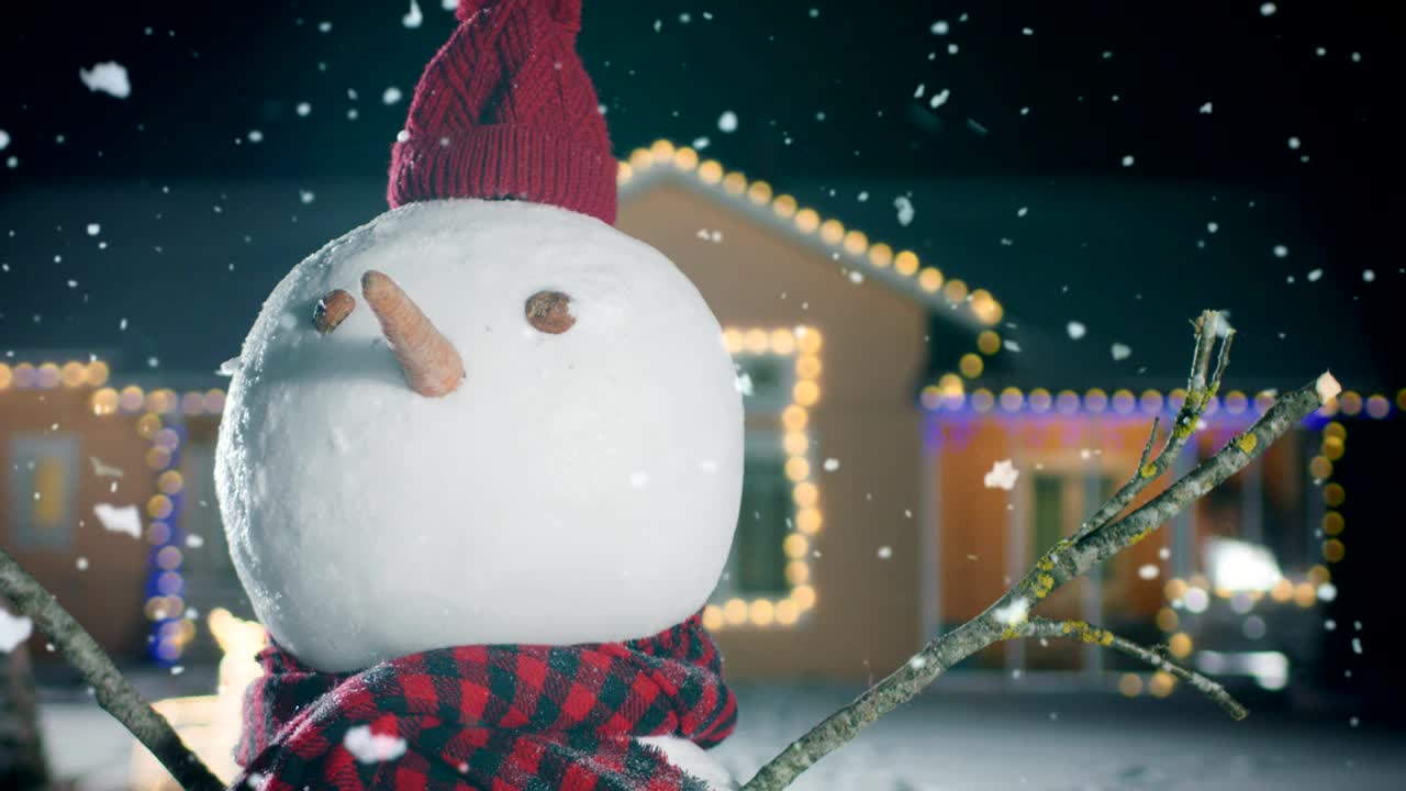 Close-up on the Funny Snowman Wearing Hat and Scarf Standing in the Backyard of the Idyllic House Decorated with Garlands on Christmas Eve. Snow is Falling on that Magical Winter Evening.