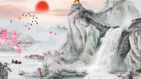 Fantasy-bright-ambience-landscape-of-beautiful-morning-sky,-mountains,-flowers,-lake,-ancient-house-with-simple-animation-in-Japanese-Chinese-anime-watercolour-style