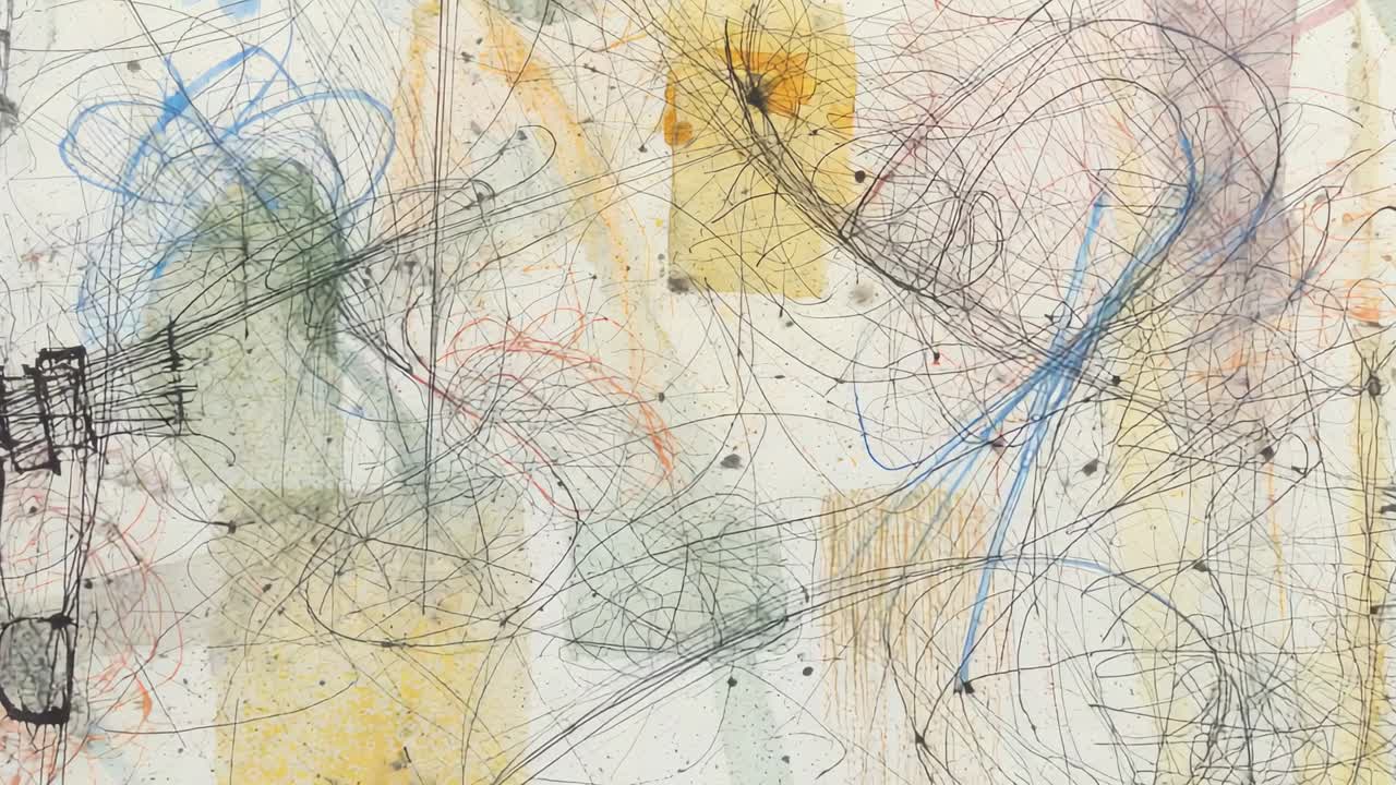 Camera starting recording drawing on paper with muted washes and ink speckles to showcase pattern