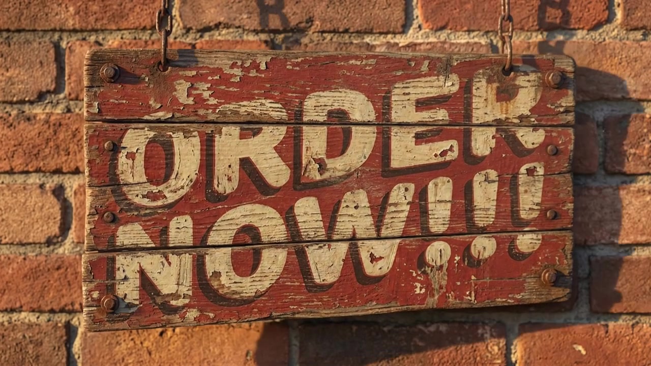Weathered Wooden Sign With Order Now Text Hanging on Brick Wall