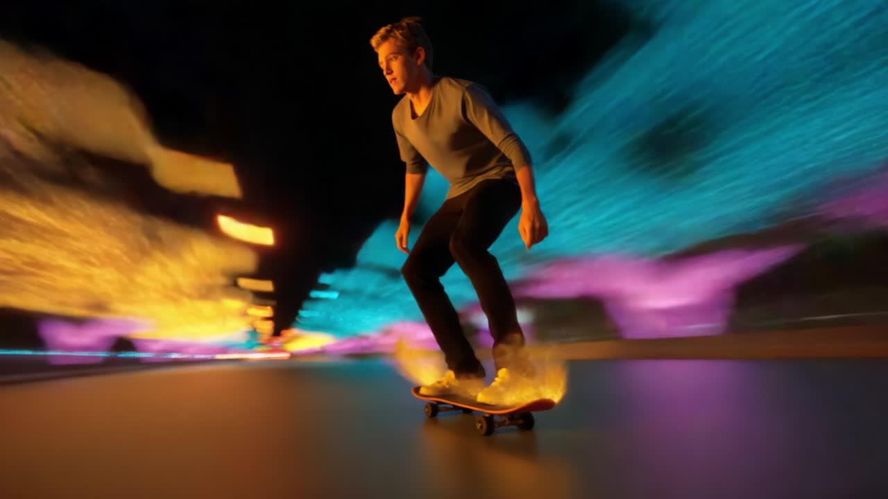 A Dynamic Skateboarding Sequence Captured at Night, Featuring a Young Skater in Motion Against a Colorful Background of Blurred Lights Illuminating the Urban Landscape