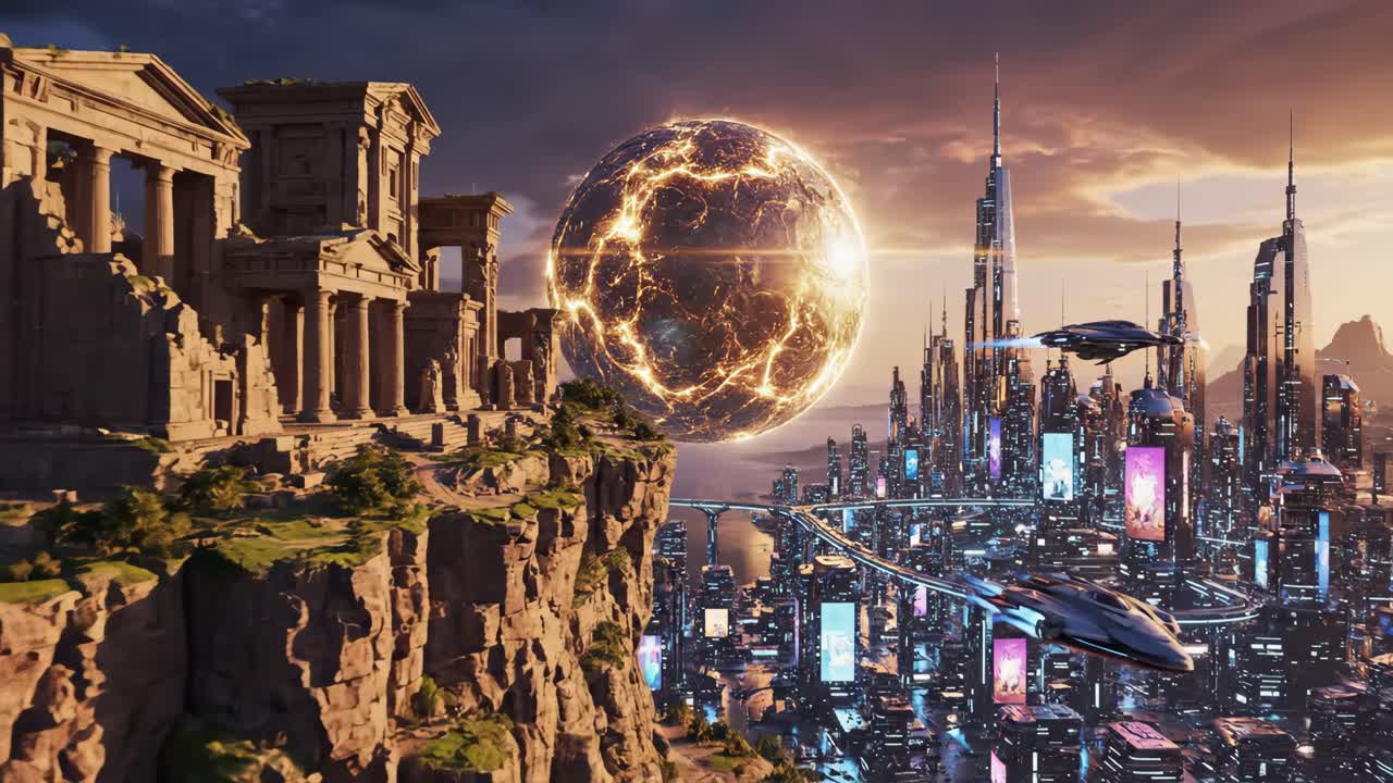 Futuristic Cityscape with Glowing Orb