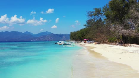 a stunning scenery in indonesia with white sand, glorious trees, and cloudy blue sky above - wide shot