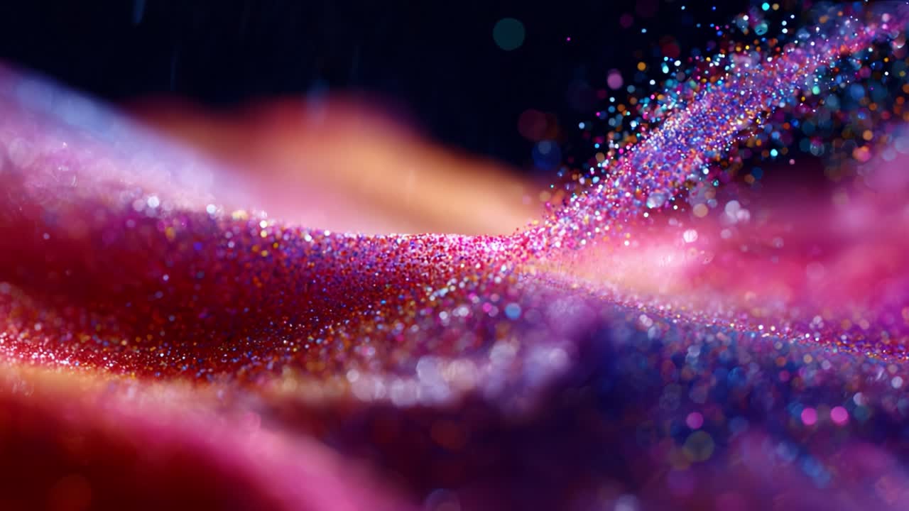 A mesmerizing close-up view of vibrant, shimmering particles sparkling against a dark background, revealing the beauty and intricate details of colorful glitter in motion