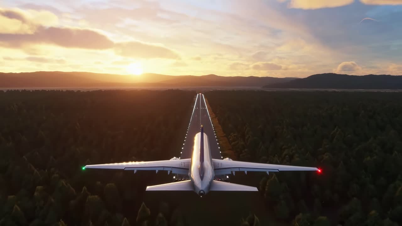 Luftvideo af et fly, der lander ved solnedgang, optaget bagfra, der viser naturskønne udsigter