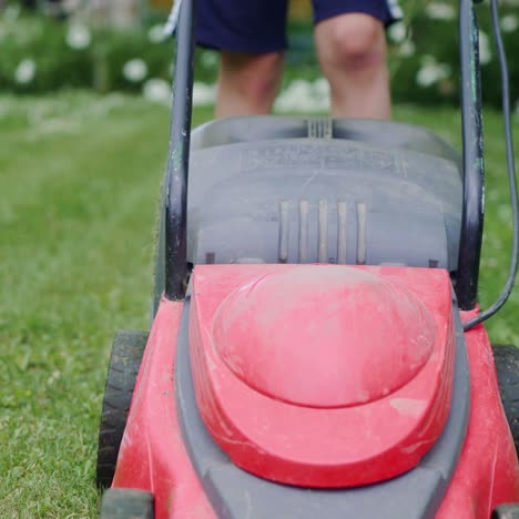 boy mowing the lawn. close-up