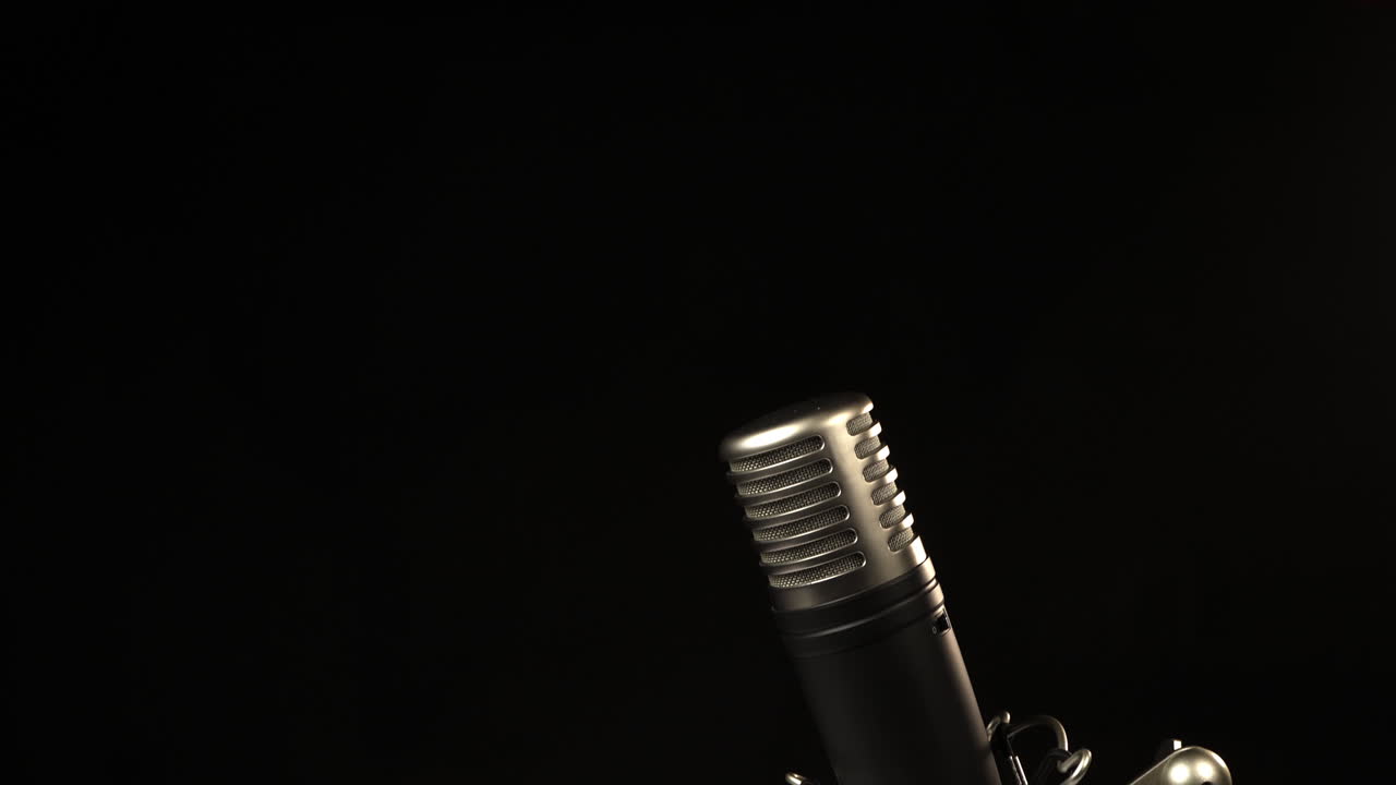 Professional Condenser Microphone on Stand Against Dark Background