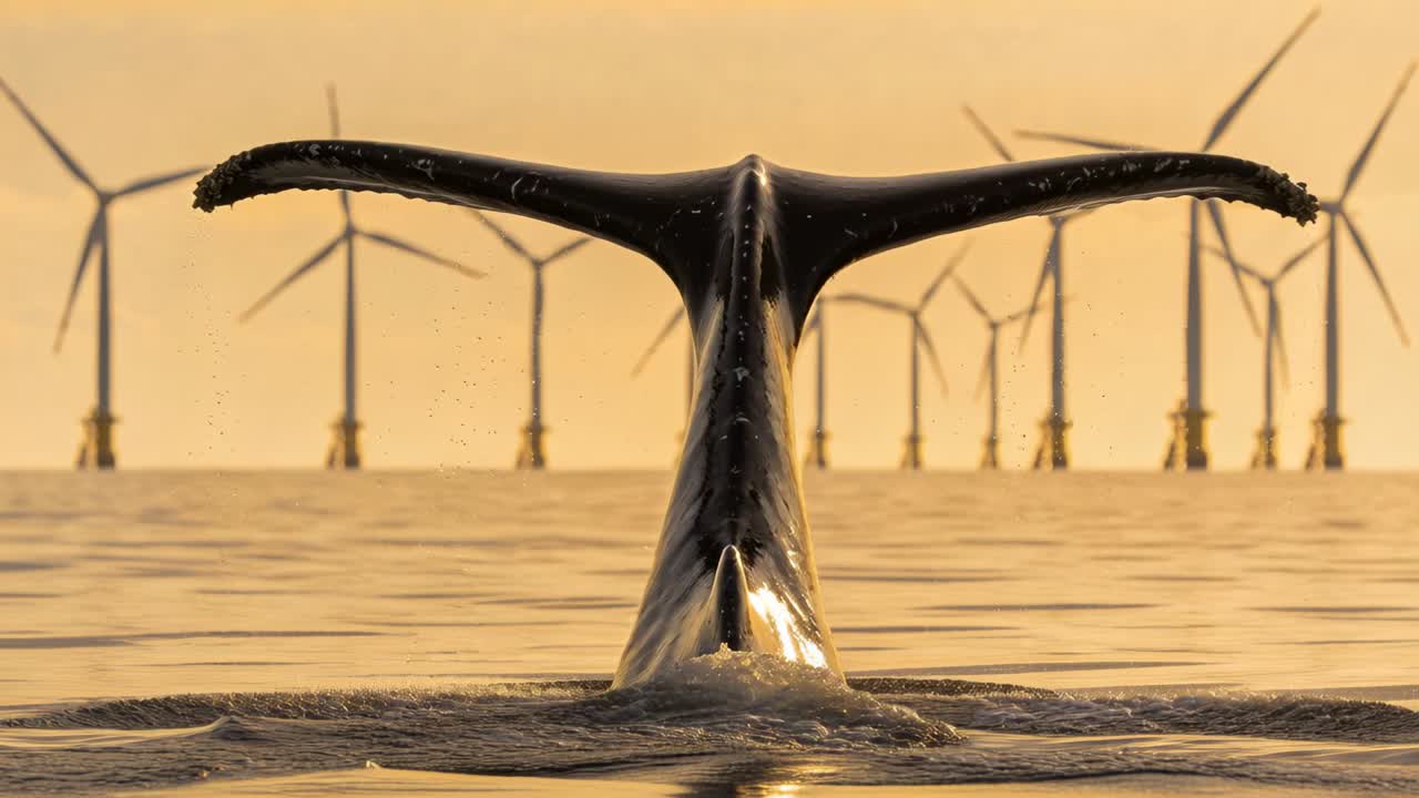 Surfacing large whale raising fluke and slapping sea at offshore wind farm, sending golden spray