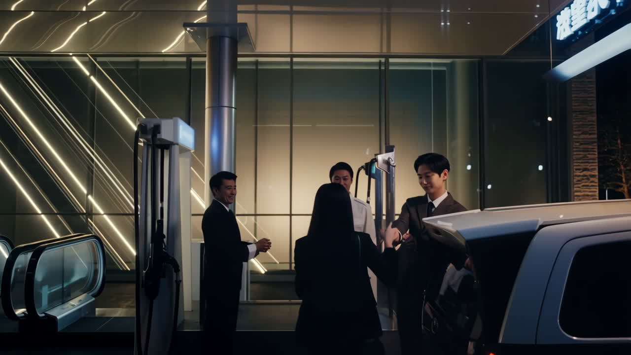 Nighttime Scene with Business Professionals and EV Charging Station