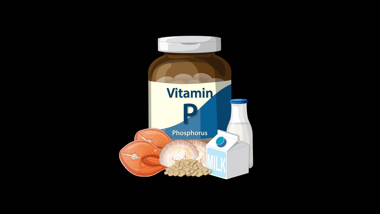 Vitamin phosphorus supplement bottle with milk, nuts, and mushrooms appearing, smooth transitions, black background