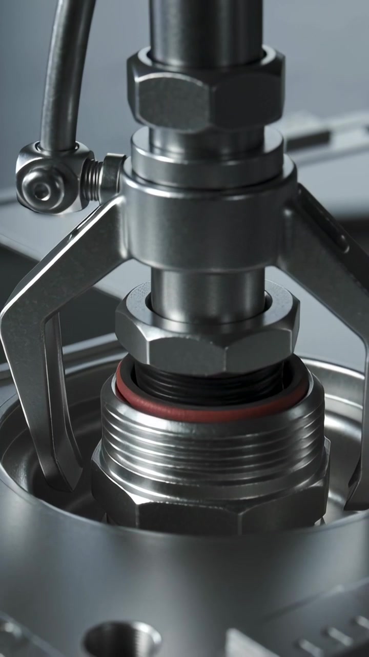 Vertical video: Lowering sealing head after signal into can neck at bench to seal