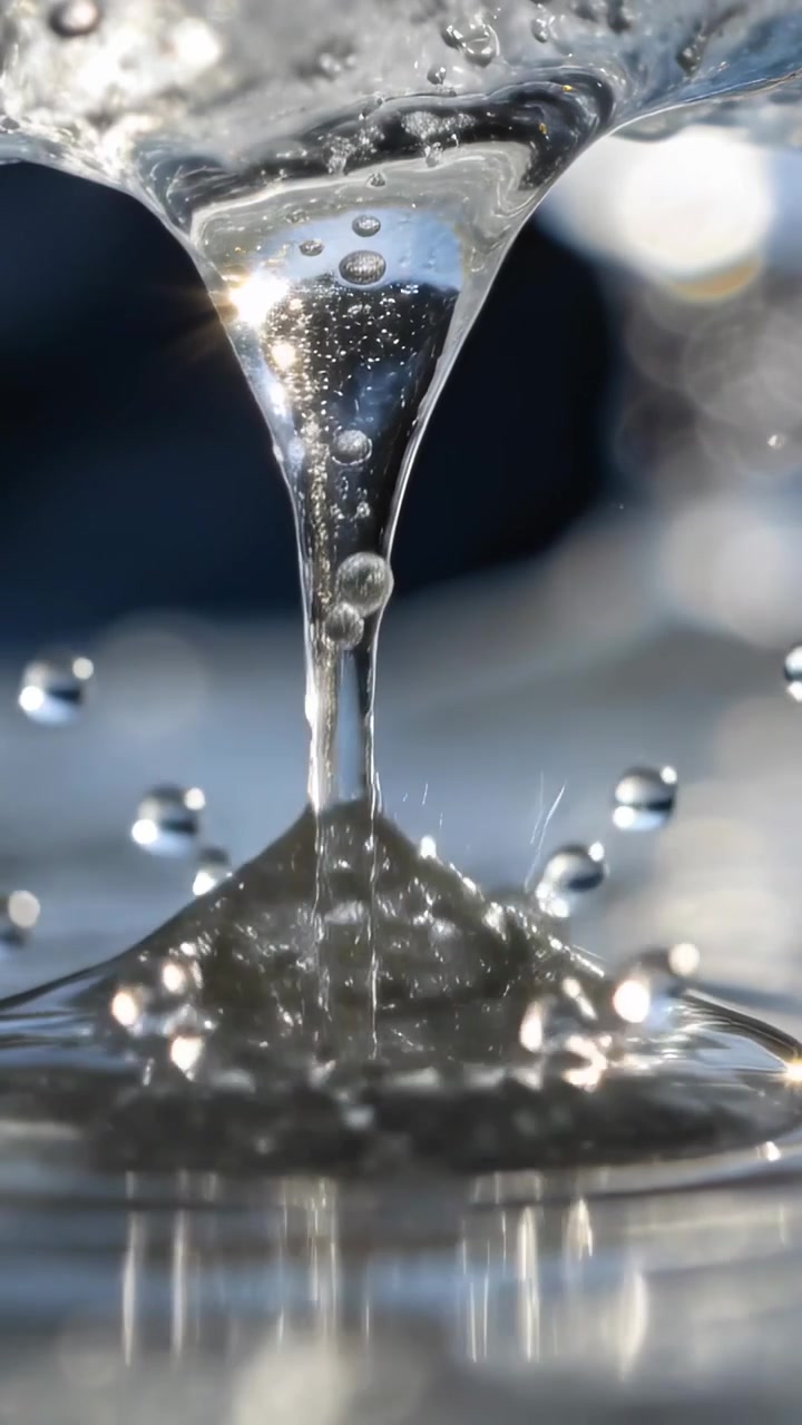 Video verticale: Goccia d'acqua trasparente che cade e tocca la superficie di una pozza, formando un getto verso l'alto e increspature.