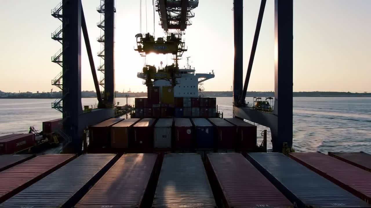 Container Ship Loading and Unloading at Sunset, Showcasing Cranes and Stacked Cargo in a Maritime Environment