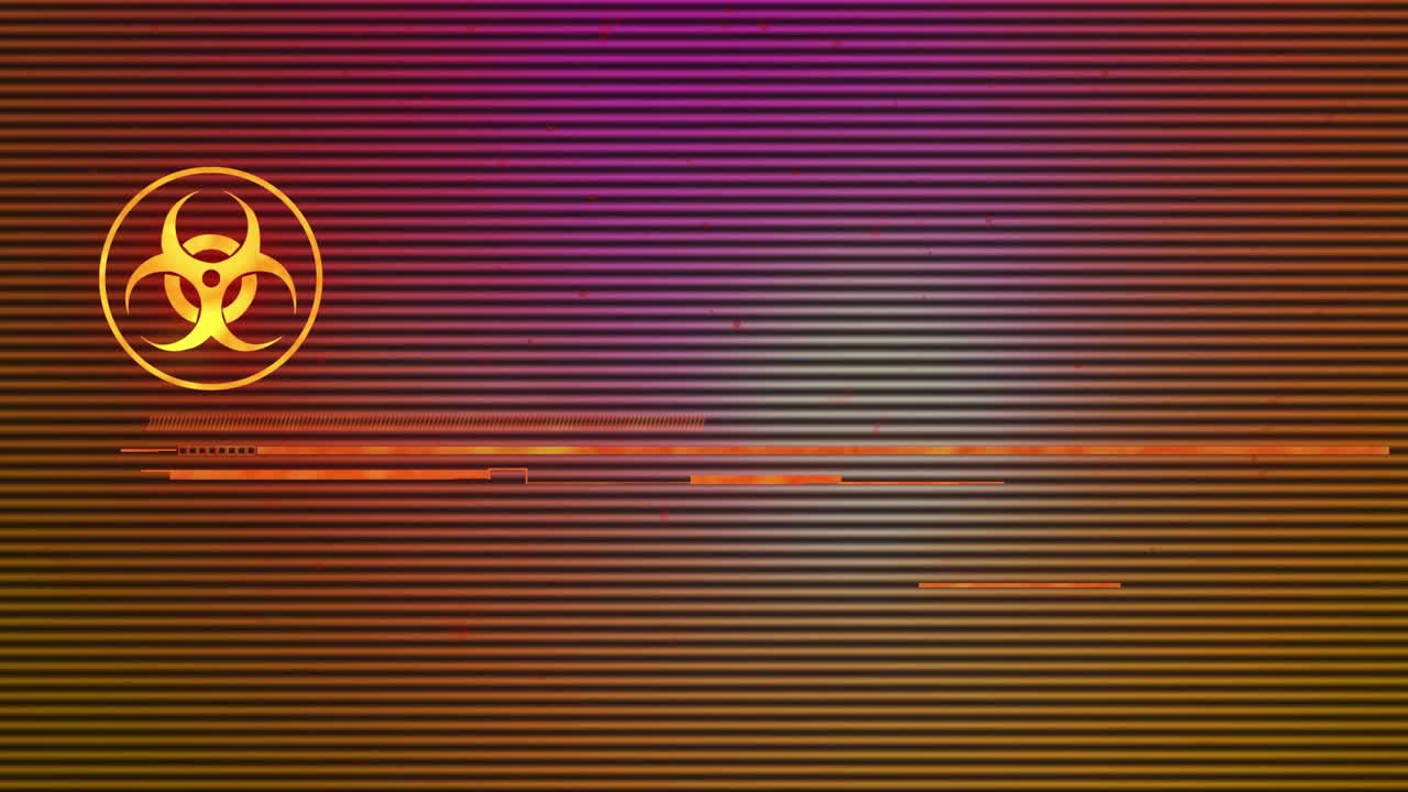 Ribbon rising upper-right zigzagging EMERGENCY forming biohazard pulsing urging immediate action