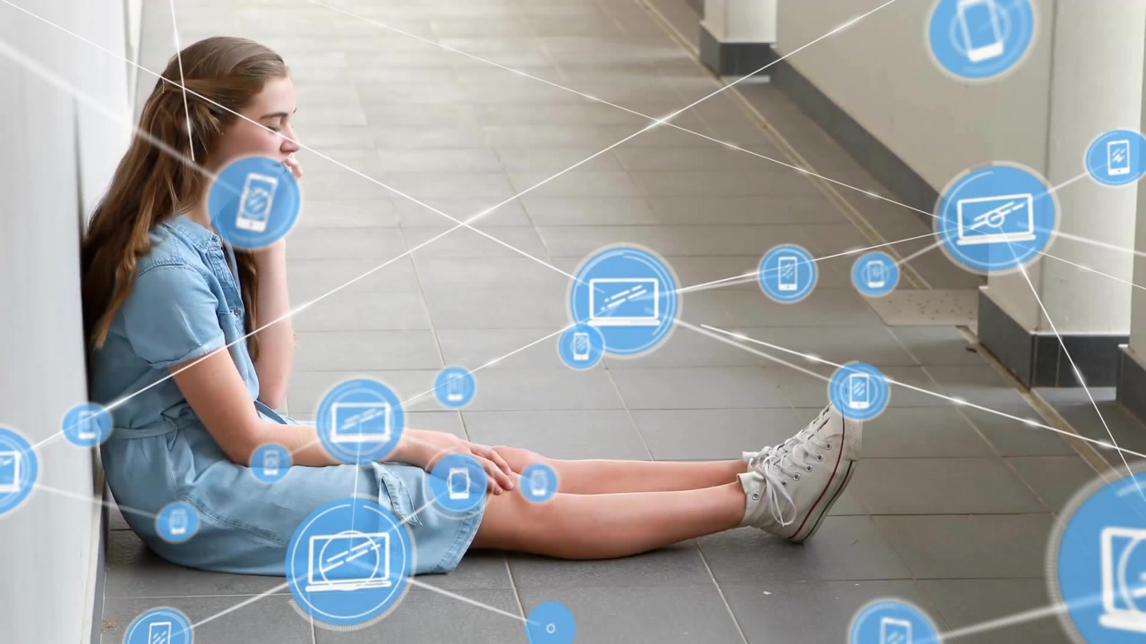 Animation of network of connections over caucasian woman talking on smartphone
