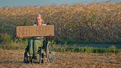 woman in wheelchair asking for help in a cornfield