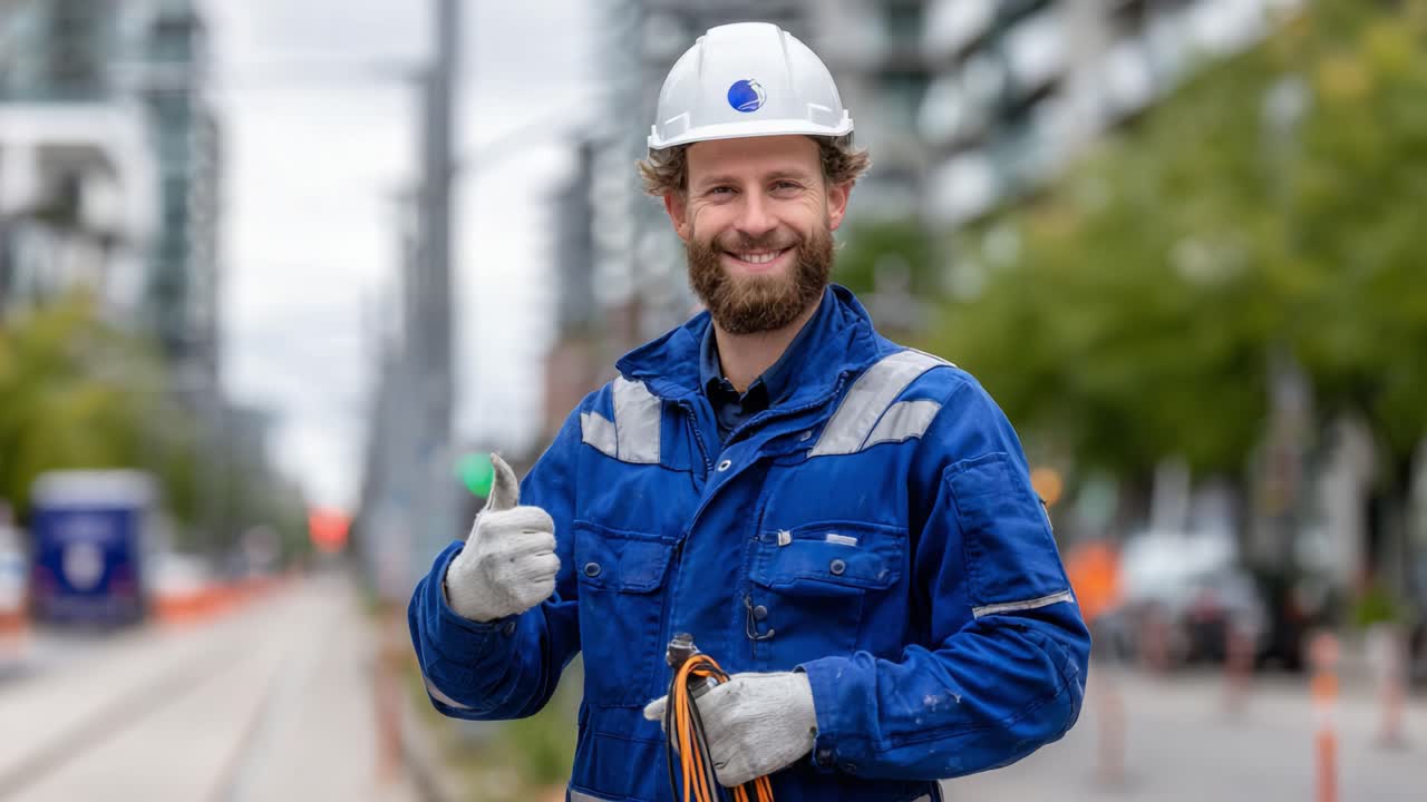 A confident construction worker dressed in a blue uniform and white hard hat gives a thumbs-up gesture, standing on a vibrant street setting, showcasing professionalism and positivity