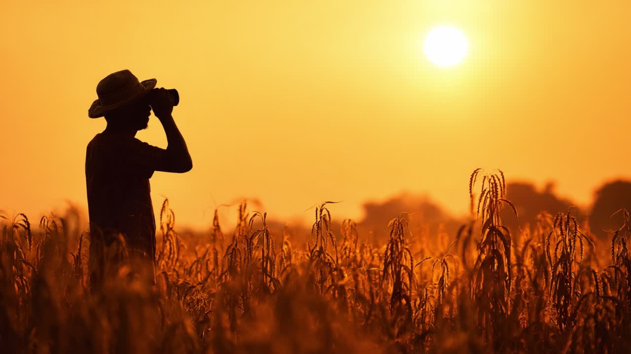 Un contadino in piedi tra campi dorati al tramonto, che cattura la bellezza della natura con la sua macchina fotografica, avvolto nel caldo bagliore del sole al tramonto