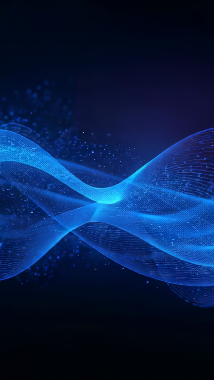 Vertical video: Loop starting blue ribbons crossing and shifting on navy backdrop with particles