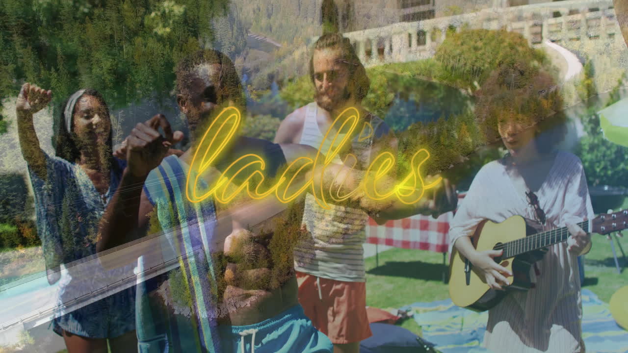 Friends dancing and playing guitar by picnic blanket, marketing with neon carefree forest overlay