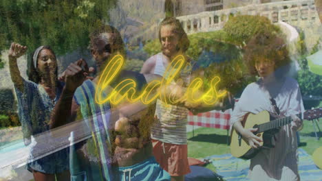 friends dancing and playing guitar by picnic blanket, marketing with neon carefree forest overlay