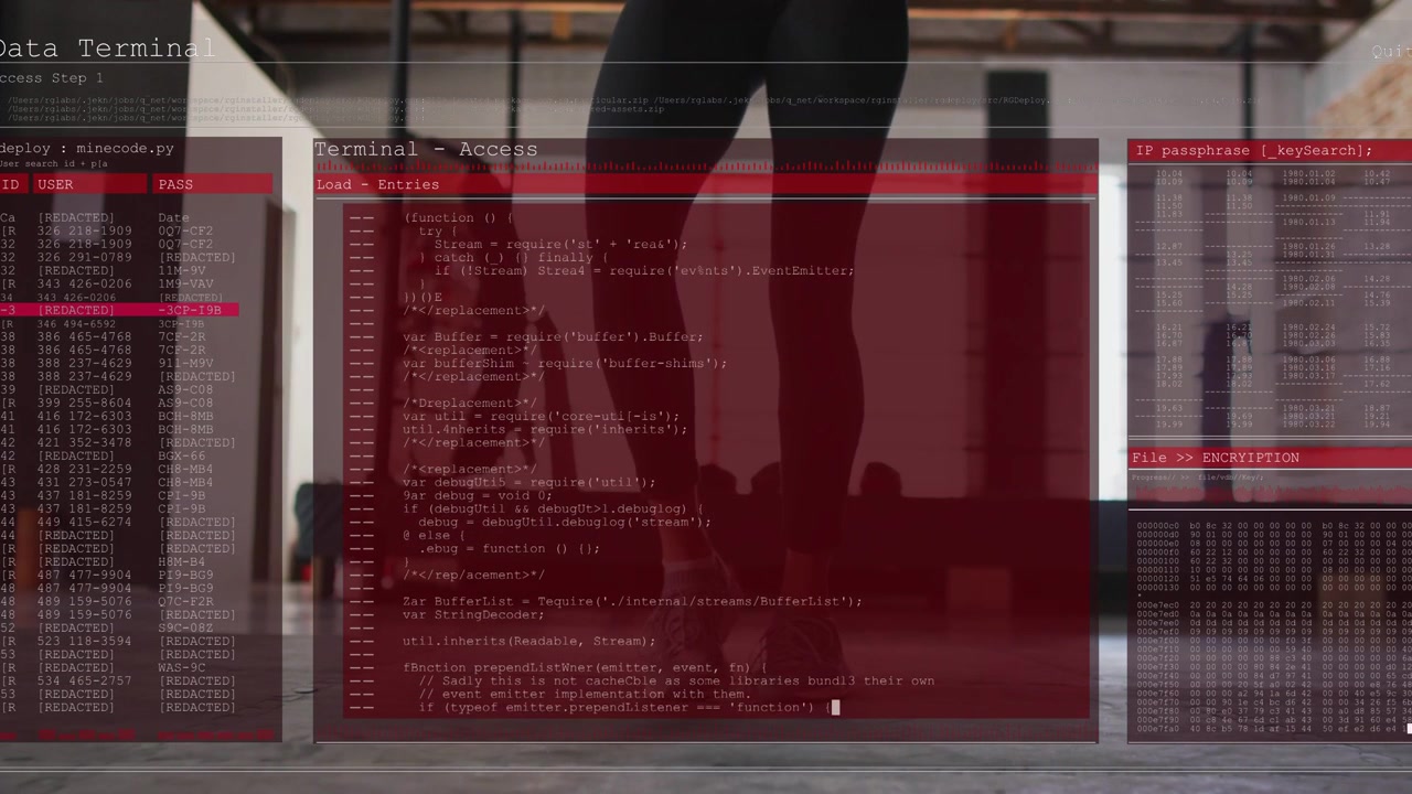 Woman jumping in fitness studio, motion causing red terminal panels sliding, code populating