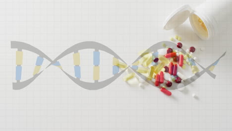 animación de una cadena de adn moviéndose sobre un recipiente derramando pastillas y comprimidos sobre un fondo blanco