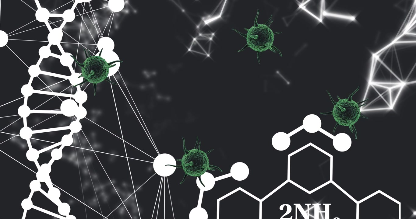 Animazione di cellule che cadono e di formule chimiche su sfondo nero