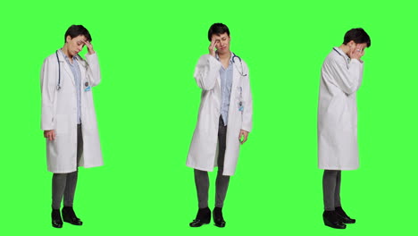 Unhappy-medic-dealing-with-a-painful-migraine-against-greenscreen-backdrop