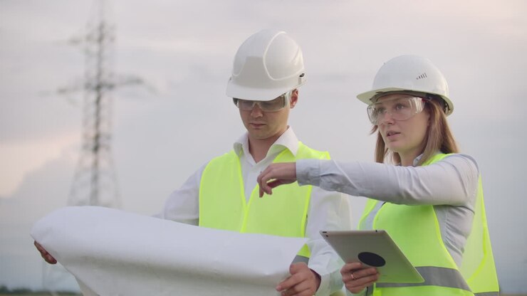 Engineers in uniform working with a laptop near transmission lines.
