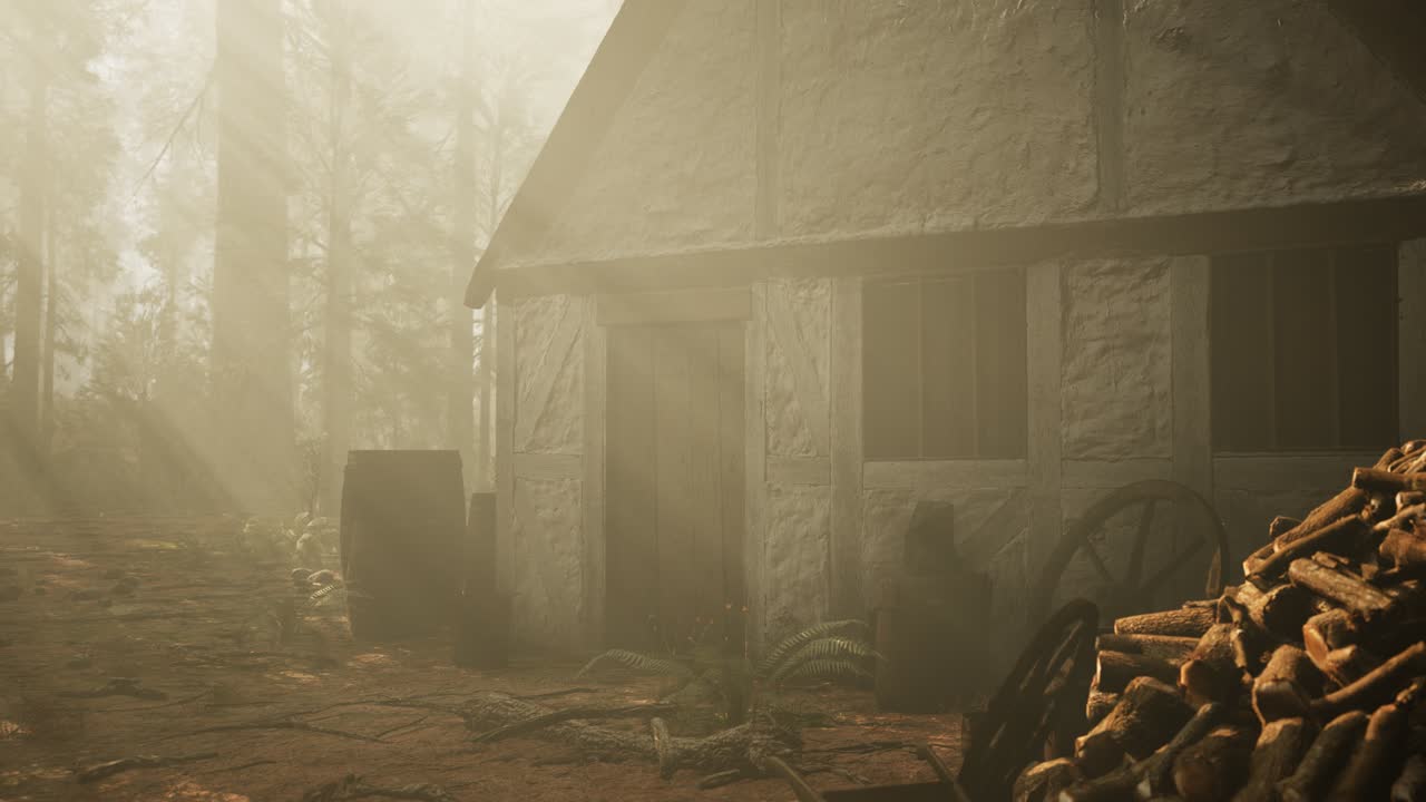 vieja casa de madera en el bosque de otoño