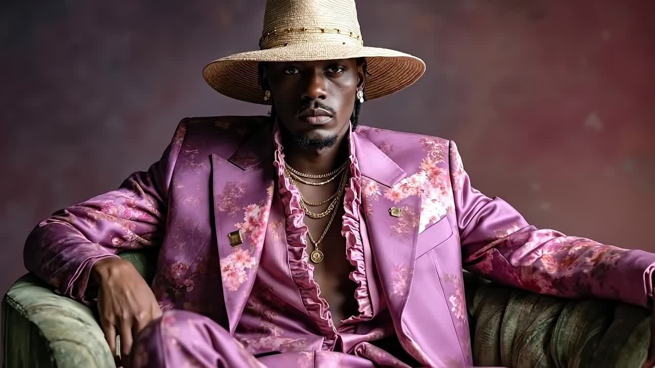 A man in a pink suit and hat sitting on a green chair