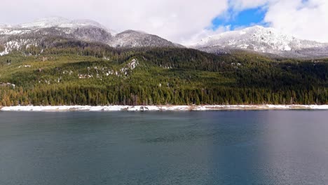 Lake-Kachess-and-Washington-State-nature-landscapes-of-snow-and-evergreen-trees-on-a-partly-cloudy-day