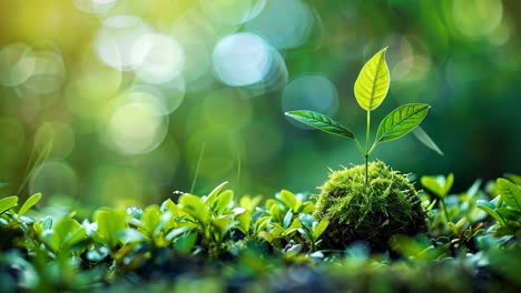 a small plant sprouting from a mossy ball in a lush green environment