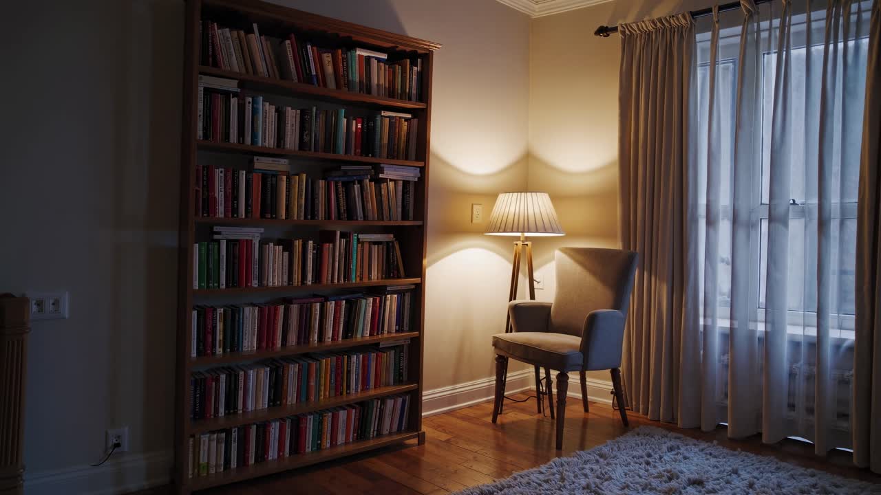 Cozy reading nook with a tall bookshelf and armchair, softly lit by a lamp