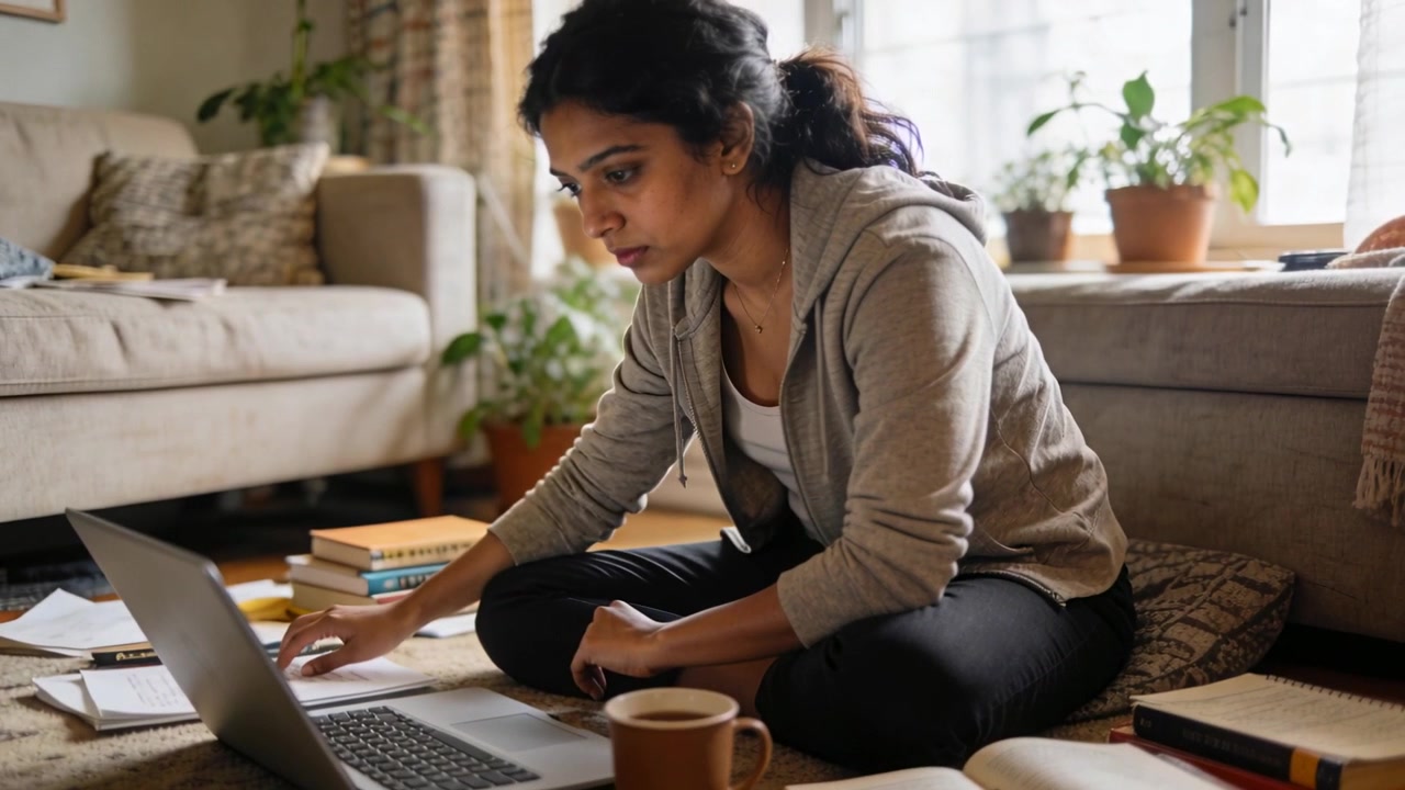 Checking notes, woman in gray hoodie typing on laptop at living room rug, with papers