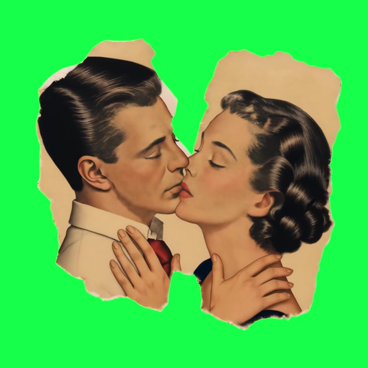 Illustrazione vintage di una coppia che sta per baciarsi su sfondo verde