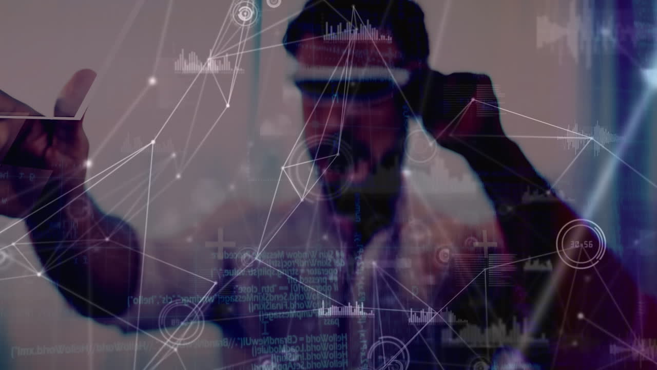 Animation of network of connections with statistics over man wearing vr headset