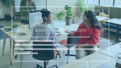 animation of financial data processing over diverse business people in office