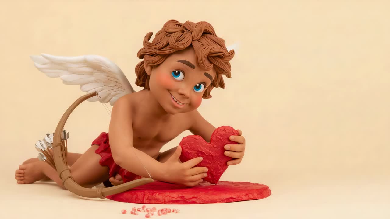 Spostamento dell'inquadratura che mostra un cherubino con una fascia rossa che muove la testa, sorridendo su un tavolo e tenendo in mano un cuore rosso