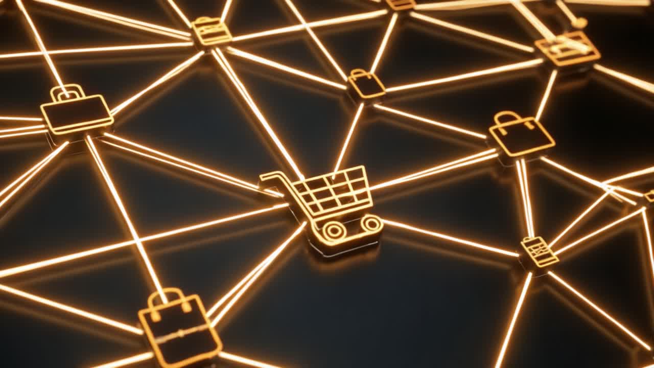 A Glowing Network of E-commerce Icons Illustrated by a Bright Shopping Cart, Representing Digital Shopping and Online Market Dynamics in Modern Commerce