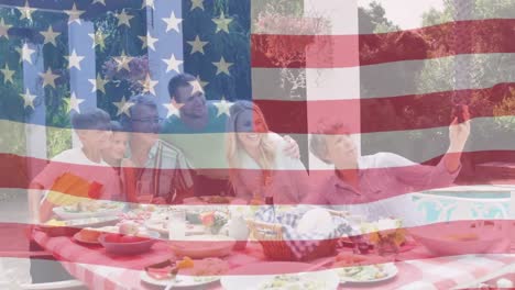 animation of flag of united states of america waving over smiling caucasian family